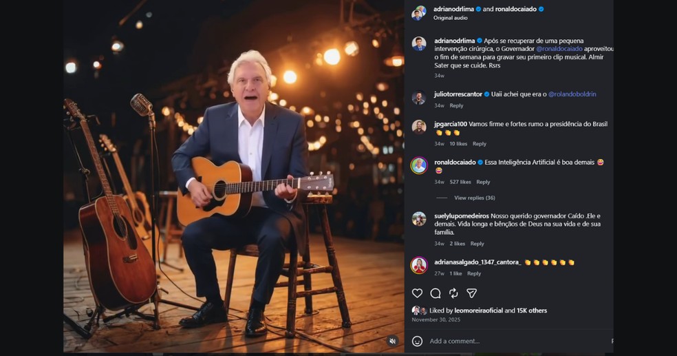 Ronaldo Caiado aparece como cantor e violonista em vídeo feito com IA e publicado nas redes sociais — Foto: Reprodução/Instagram