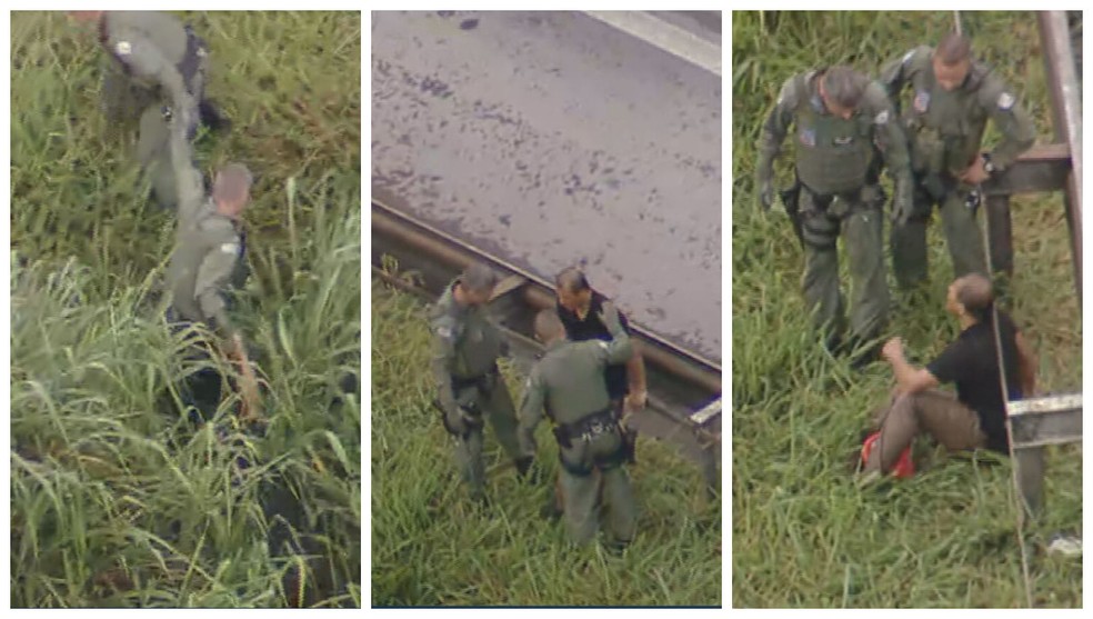 Ocupante de helicóptero é resgatado após queda na região de Caieiras, na Grande SP — Foto: Reprodução/TV Globo