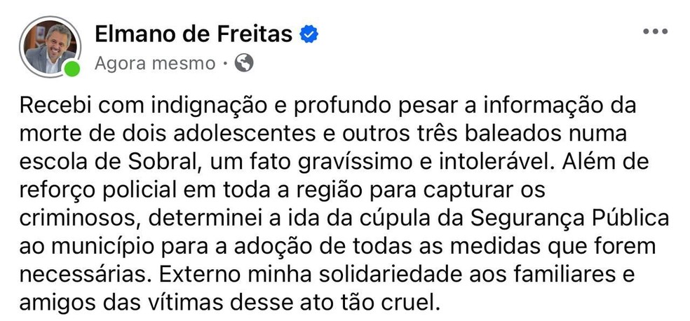 Governador do CE Elmano Freitas lamenta as mortes e classifica episódio como 'gravíssimo'. — Foto: Reprodução/IG