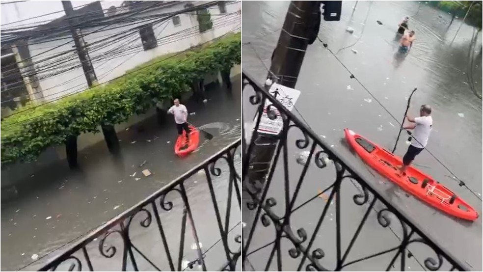 Homem pratica stand-up paddle em rua alagada de Fortaleza após fortes chuvas. — Foto: Reprodução