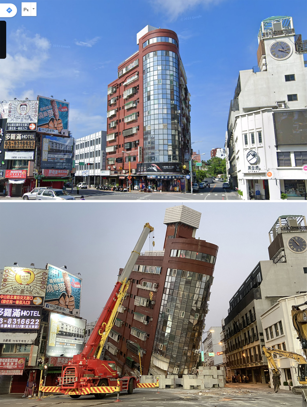 Antes e depois mostra prédio de Hualien que ficou tombado após terremoto atingir a cidade taiwanesa — Foto: Reprodução/Google Street View; CNA via AFP