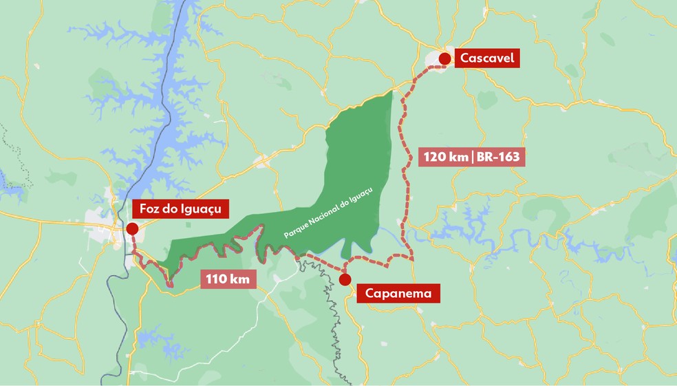 Mapa mostra como acessar cidade de Capanema via Cascavel e também Foz do Iguaçu  — Foto: Arte/RPC 