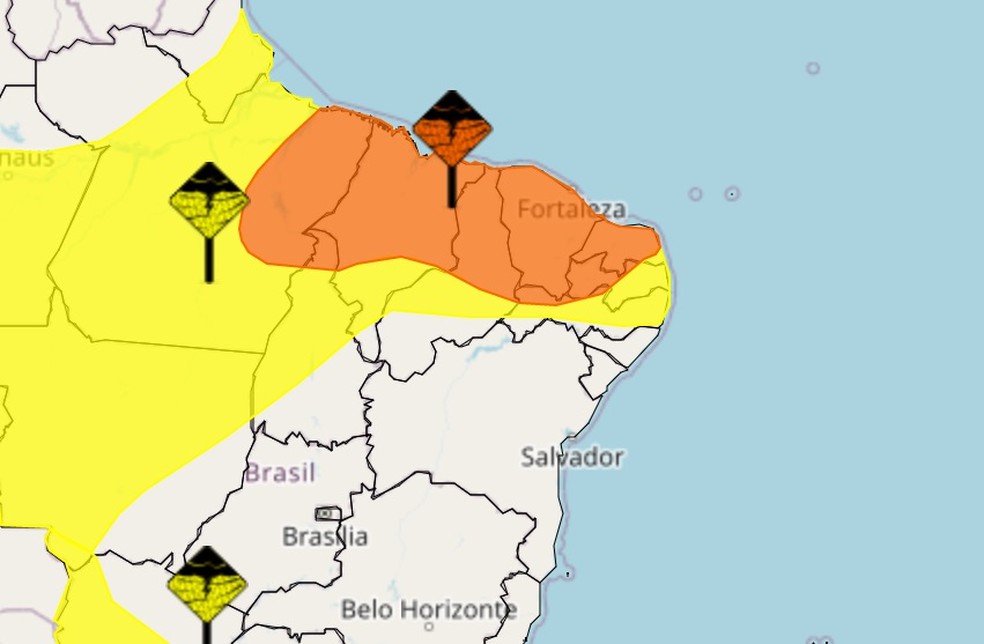 Alerta laranja de perigo por causa das chuvas no Rio Grande do Norte. — Foto: Inmet/Divulgação