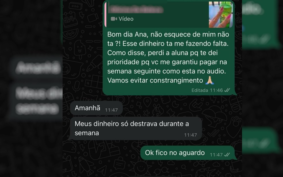 Mensagem de cobrança enviada por homem a ex-aluna em Goiânia, Goiás — Foto: Arquivo Pessoal