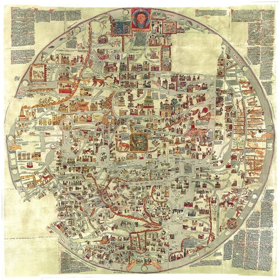 Mapa de Ebstorf (c.1240). Mapa-múndi estilo T-O, feito em pele de cabra e mede 3,6 x 3,6m — Foto: Reprodução