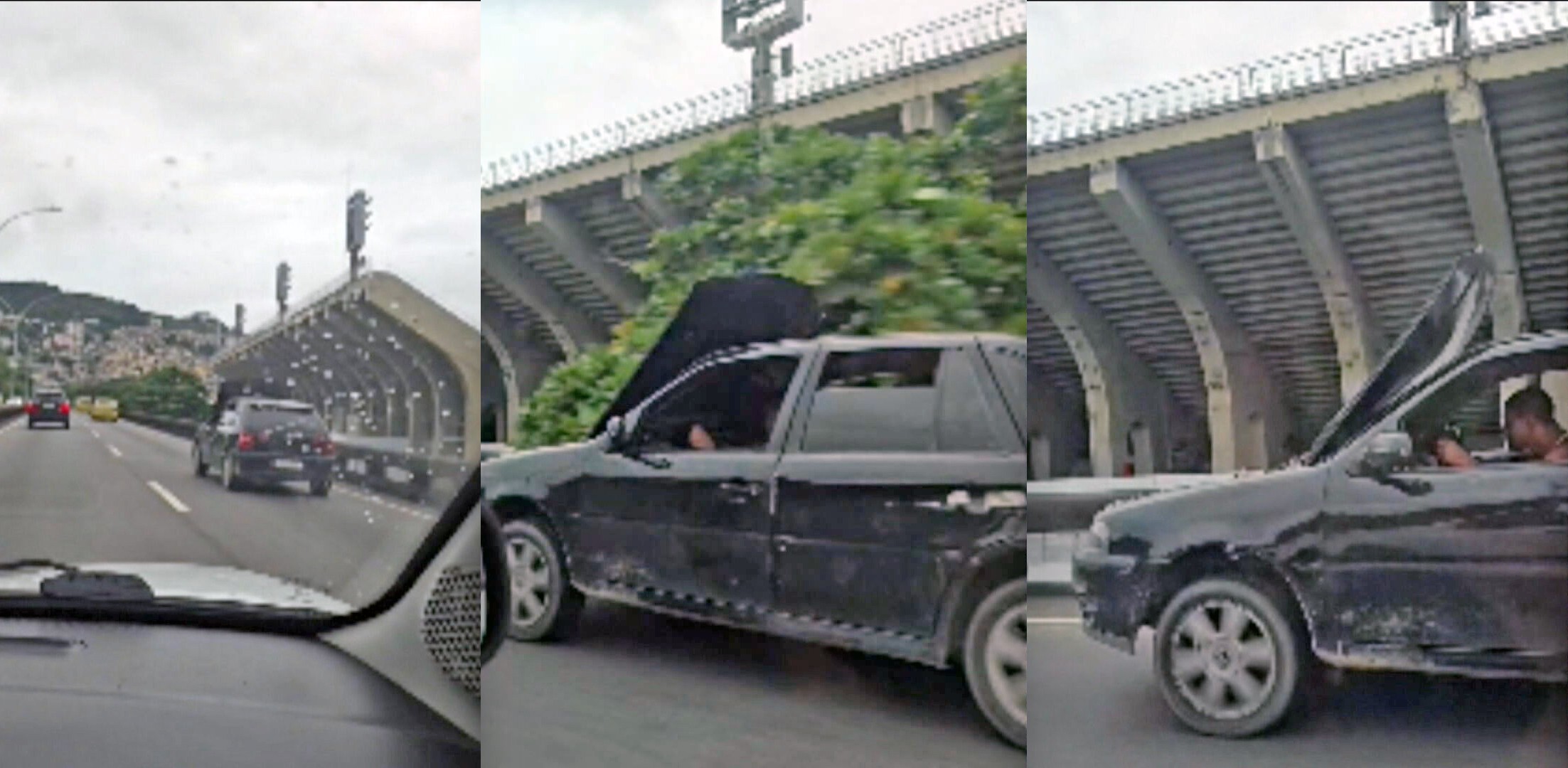 VÍDEO: carro circula com capô aberto, e motociclista pilota segurando objeto na Ponte