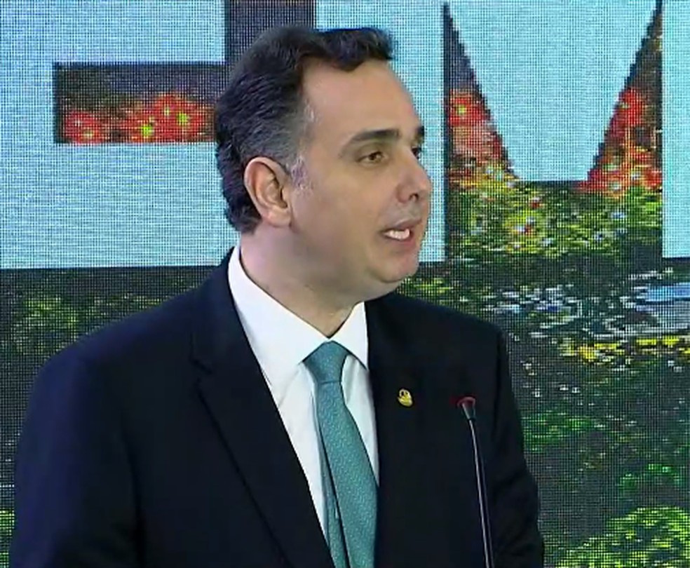 Rocrigo Pacheco discursa em evento que marca um ano dos atos antidemocráticos — Foto: TV Câmara/Reprodução