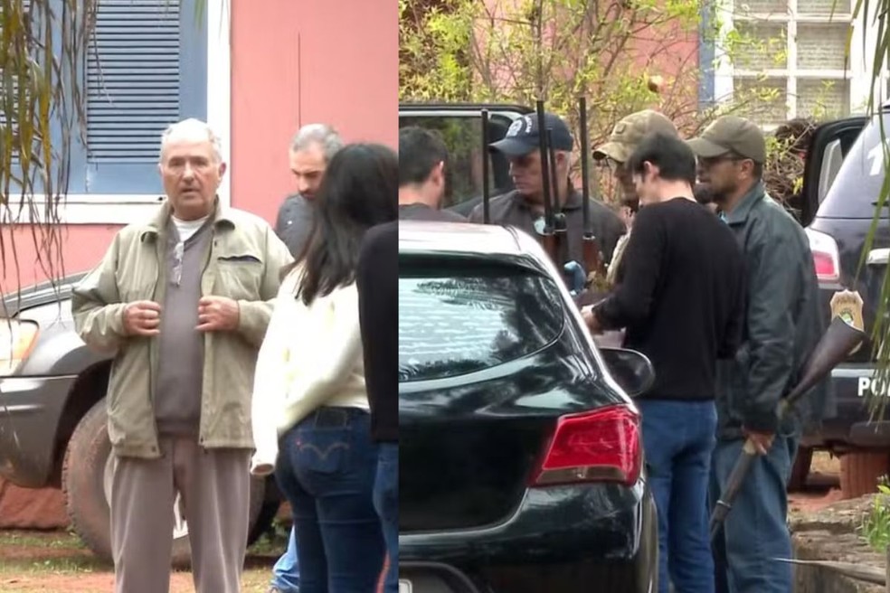 João Jazbik Neto, dentro da sua casa em Campo Grande, e policiais com armas apreendidas. — Foto: Willian Guedes/TV Morena