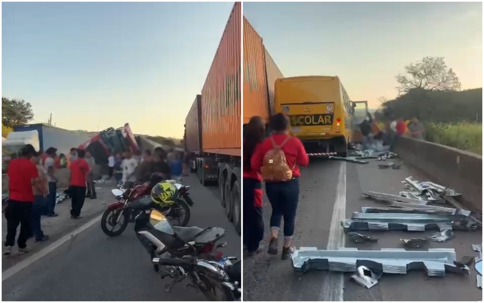 Carreta com peças automotivas tomba e congestiona trânsito na Fernão Dias, em Extrema, MG — Foto: Redes sociais