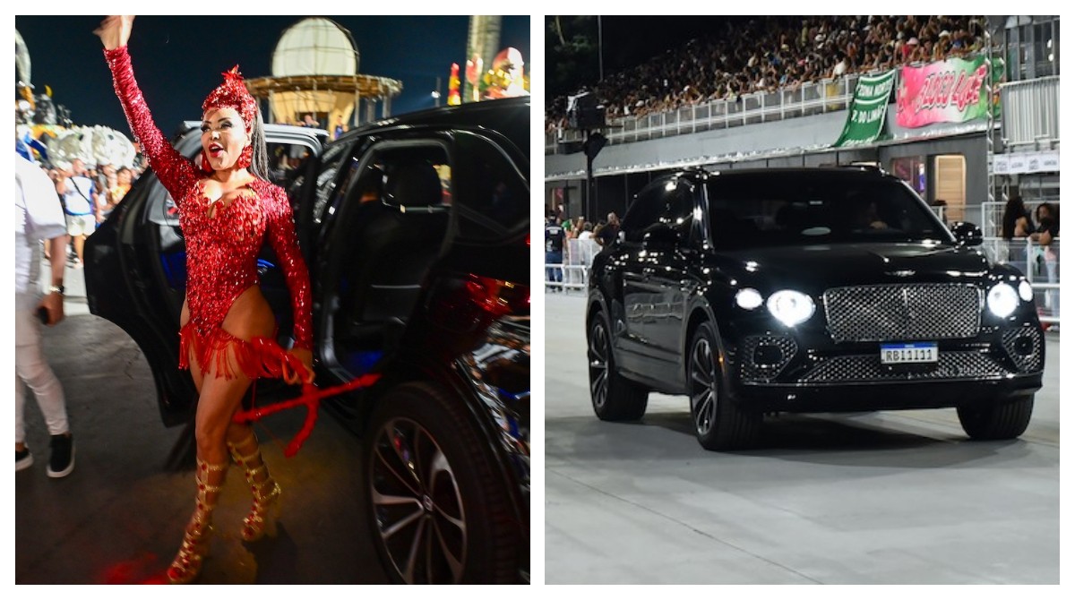 Rainha de bateria da Rosas de Ouro rouba cena ao chegar em ensaio no Anhembi em carro avaliado R$ 2,5 milhões