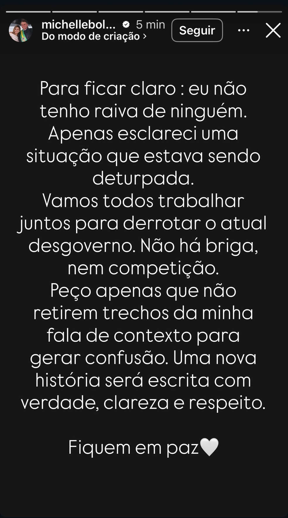Michelle Bolsonaro publica story após atrito público com Flávio Bolsonaro e afirma que "não há briga" nem "competição" entre aliados. — Foto: Reprodução