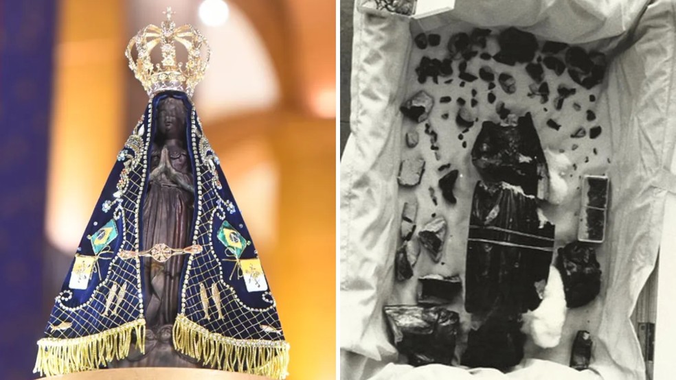 Há 46 anos, imagem de Nossa Senhora Aparecida, Padroeira do Brasil, foi quebrada em mais de 200 pedaços durante atentado na Basílica; relembre — Foto: Foto 1: Thiago Leon/ Santuário Nacional de Aparecida | Foto 2: Arquivo Pessoal/ Maria Helena Chartuni