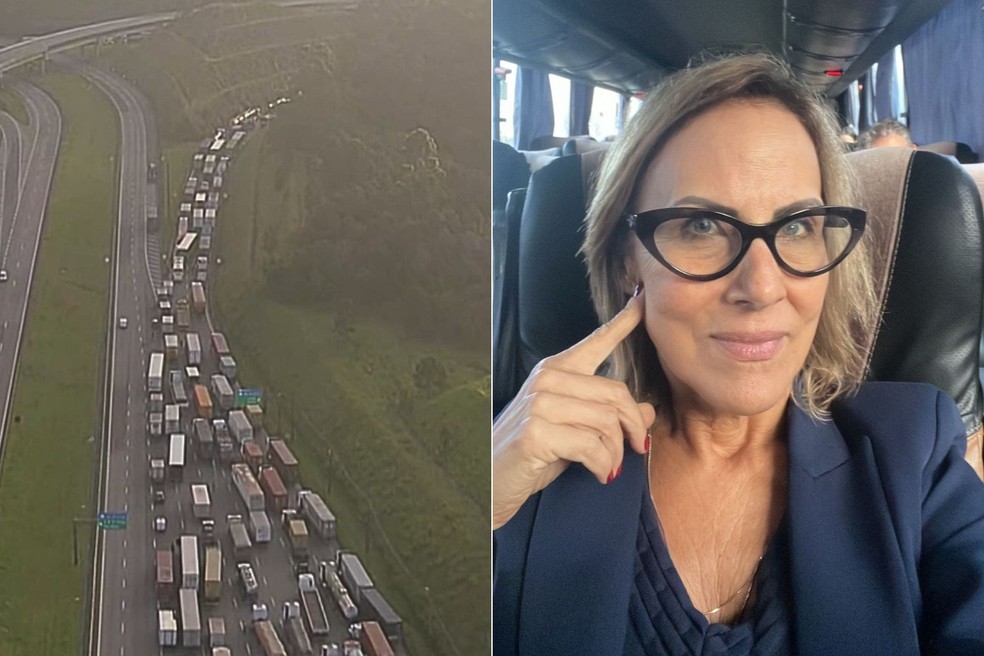 Cida Coelho est&aacute; presa em congestionamento na Rodovia Anchieta desde a noite de quinta-feira (13) &mdash; Foto: Reprodu&ccedil;&atilde;o/TV Globo e Arquivo Pessoal