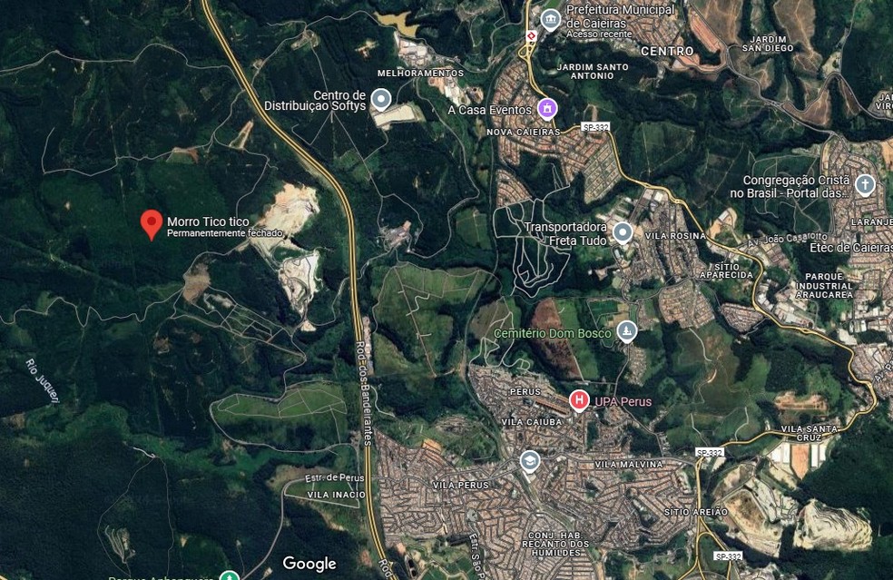 O morro do Tico-tico, em Caieiras, na Grande São Paulo, é o local da queda da aeronave. — Foto: Reprodução/TV Globo