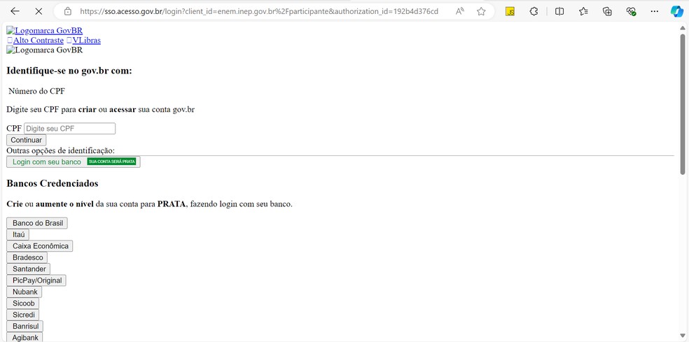 Área de login na página do participante do Enem com erro. — Foto: Reprodução
