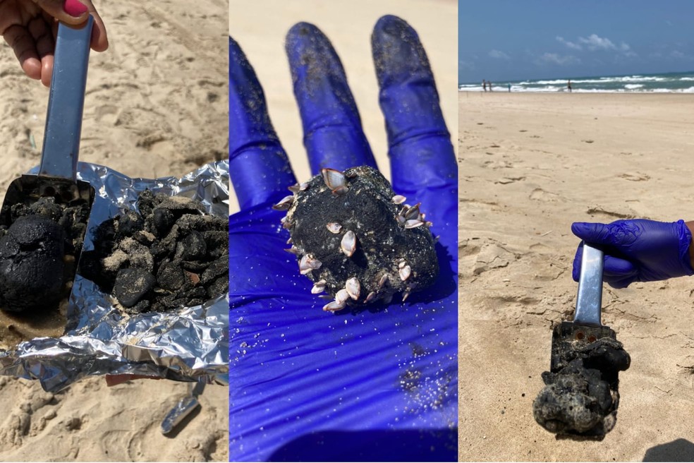 Em 2022, manchas de óleo voltaram a aparecer na Praia do Futuro em Fortaleza. — Foto: Labomar/UFC/Reprodução