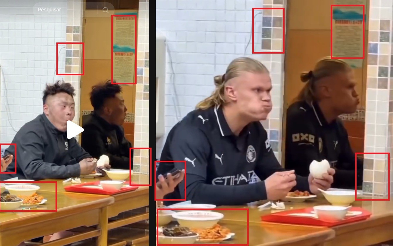 É #FAKE vídeo de Haaland tomando susto ao se ver de boca cheia em espelho de restaurante; cena foi manipulada com IA