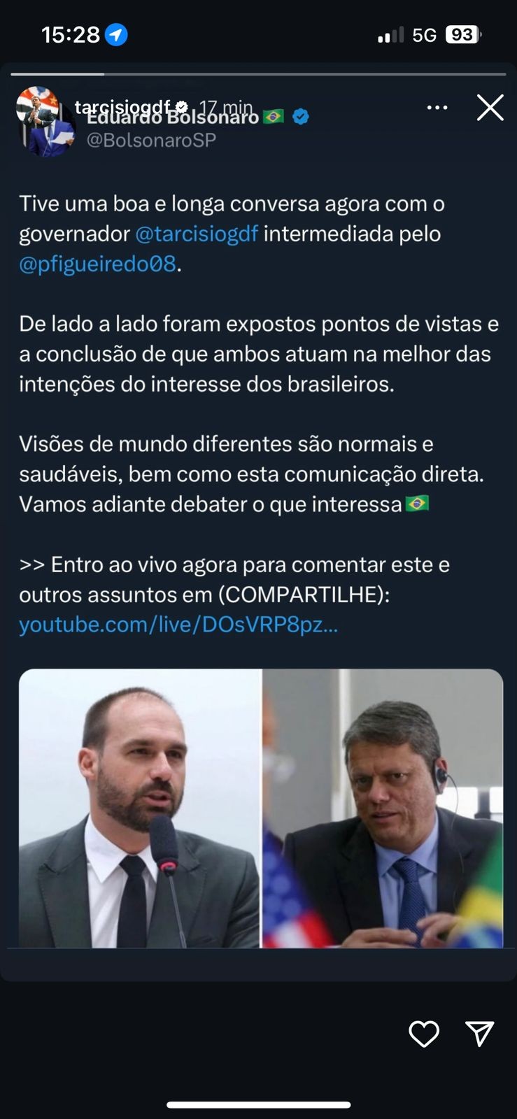Tarifaço de Trump: Eduardo Bolsonaro faz post conciliatório a Tarcísio de Freitas