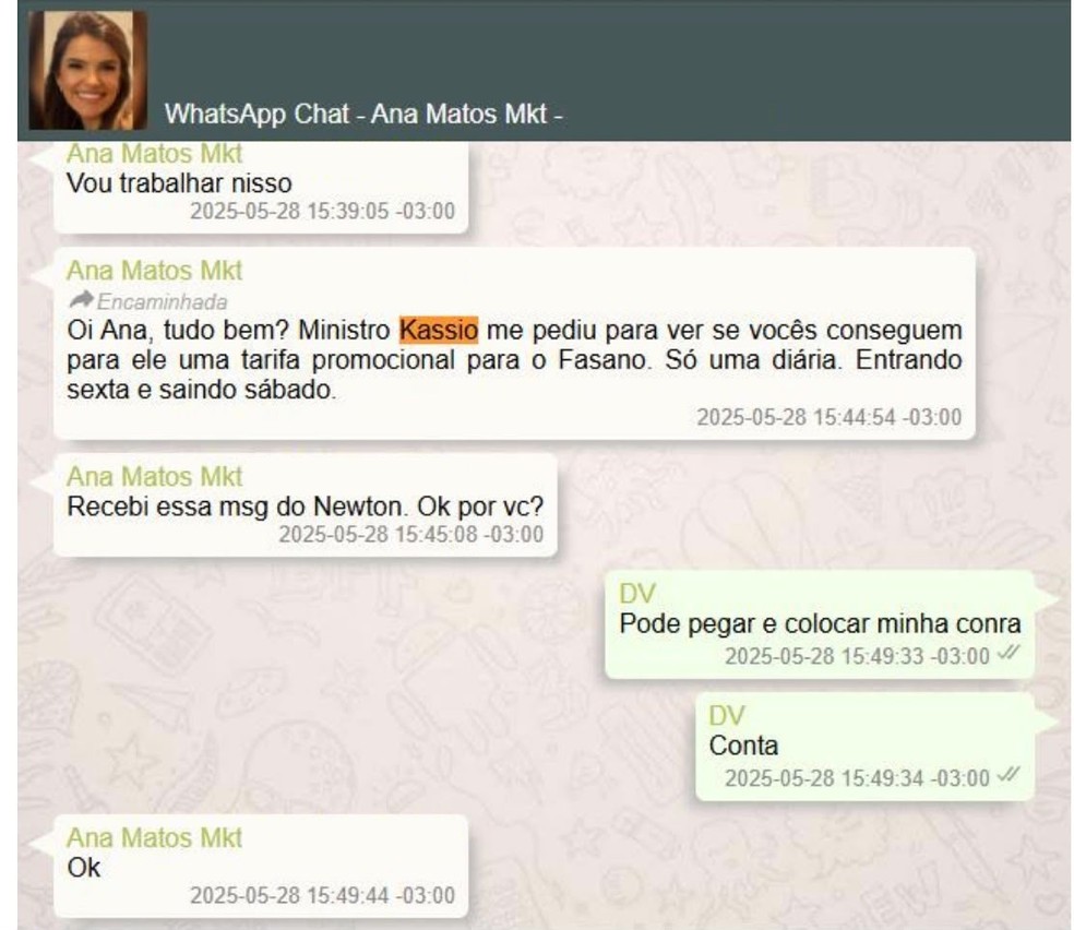 Funcionária de Daniel Vorcaro encaminha mensagem do ministro Kassio Nunes Marques — Foto: Reprodução