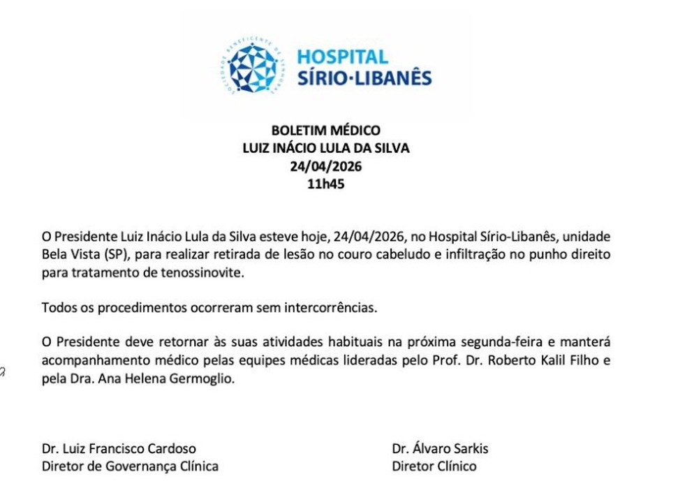 Boletim médico do Lula após tirar lesão de pele do couro cabeludo — Foto: Divulgação