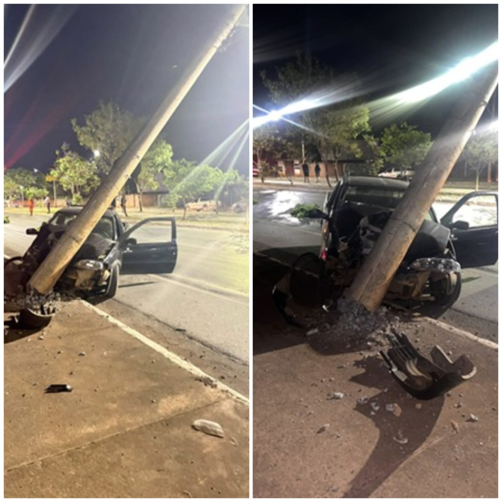 Motorista bate em poste em avenida de Montes Claros e diz que perdeu o controle após ser ‘fechado’ por outro carro