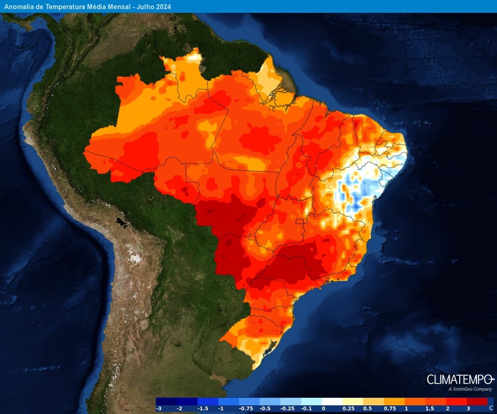 Previsão para julho: tons em vermelho indicam temperatura acima ou muito acima do normal. — Foto: Climatempo