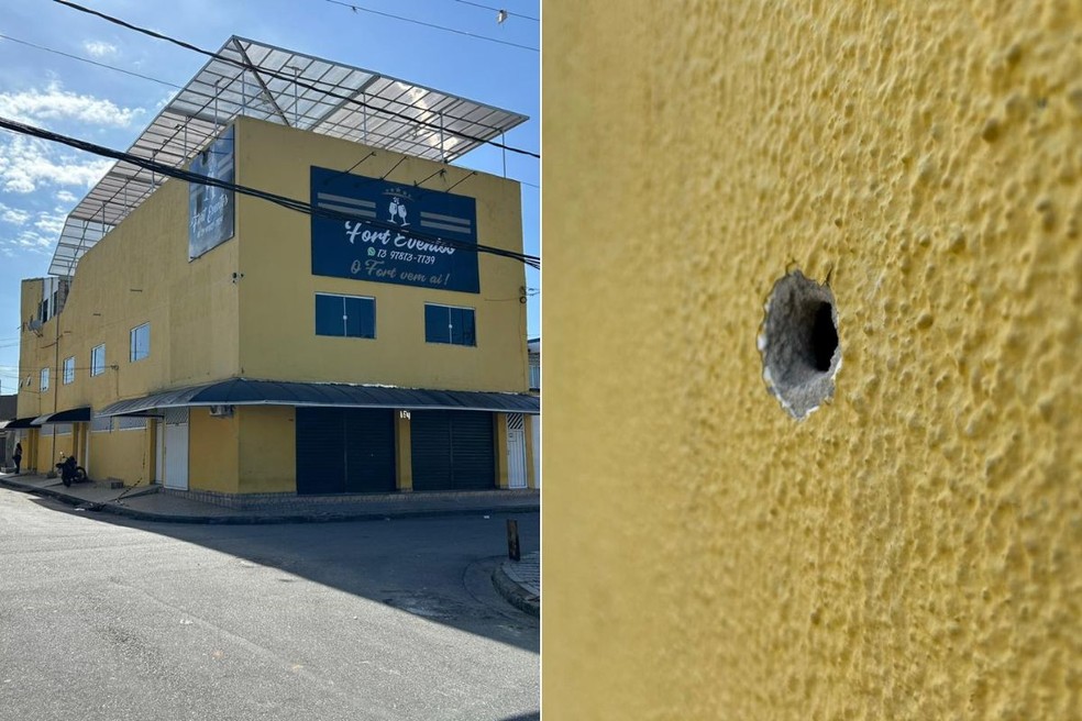 Parede da casa de eventos onde Thiago Rodrigues estava amanheceu com marca de tiro nesta quinta-feira (28) — Foto: Carlos Abelha/TV Tribuna