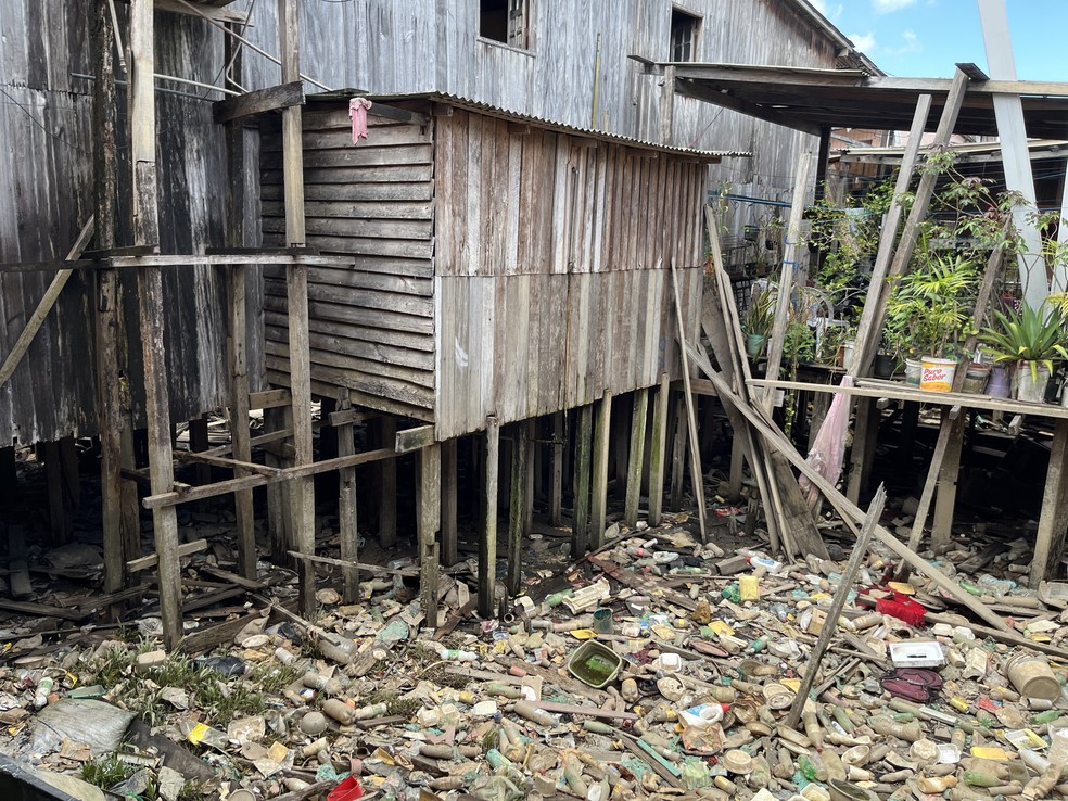 Palafitas da Vila da Barca dividem espaço com muito lixo e animais. — Foto: Juliana Bessa / g1