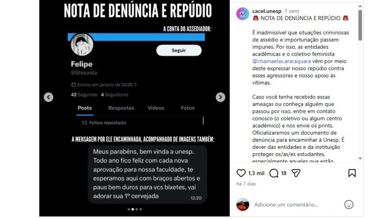 Calouras da Unesp denunciam assédio sexual de perfil fake em rede social no interior de SP