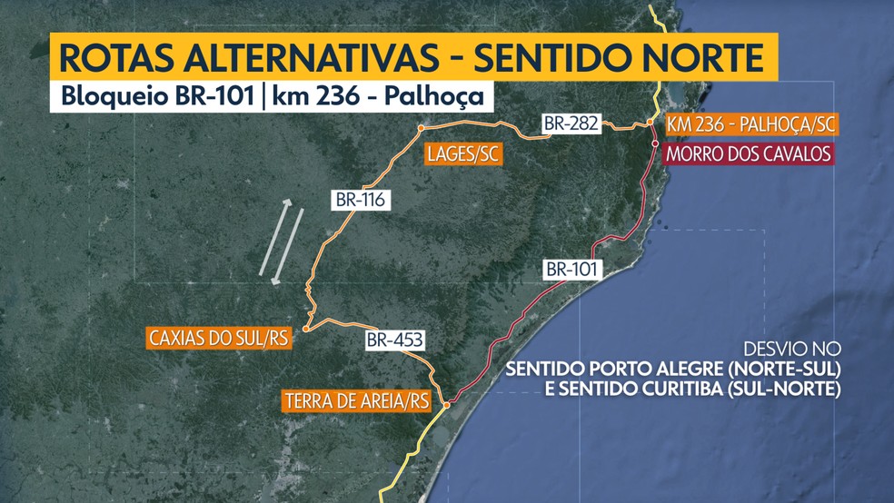 Mapa mostra trecho interditado e rotas alternativas na BR-101, em Palhoça — Foto: Arte/NSC