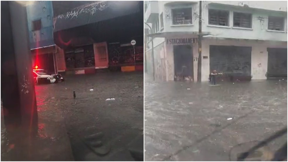 Pedestre e carro enfrentam alagamento no Centro — Foto: Reprodução