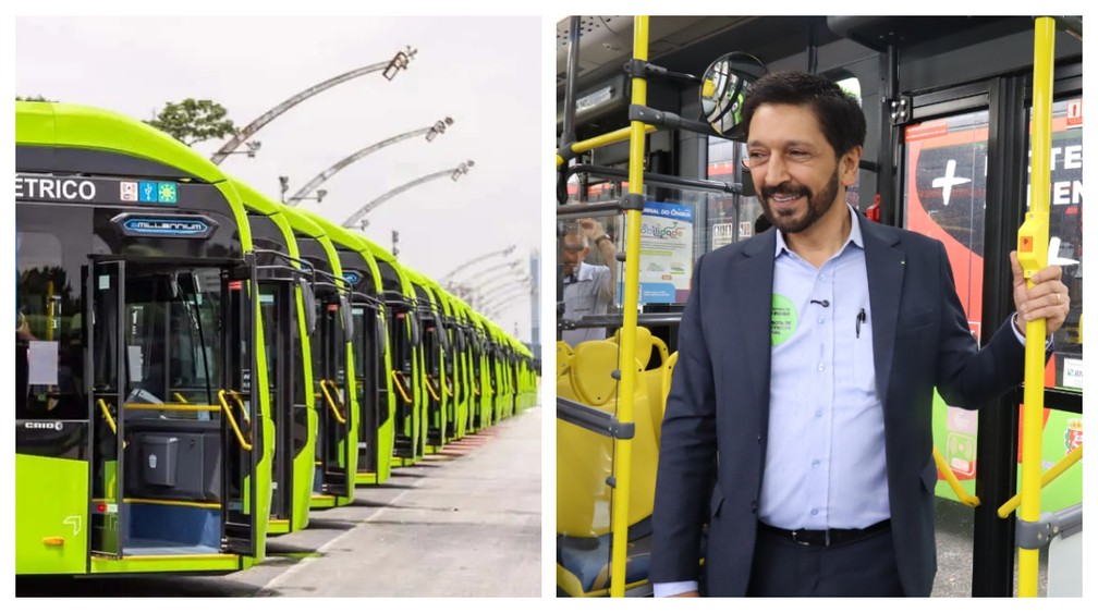 Frota de ônibus da cidade de São Paulo durante a gestão do prefeito Ricardo Nunes (MDB). — Foto: Montagem/g1/Divulgação/Secom/PMSP