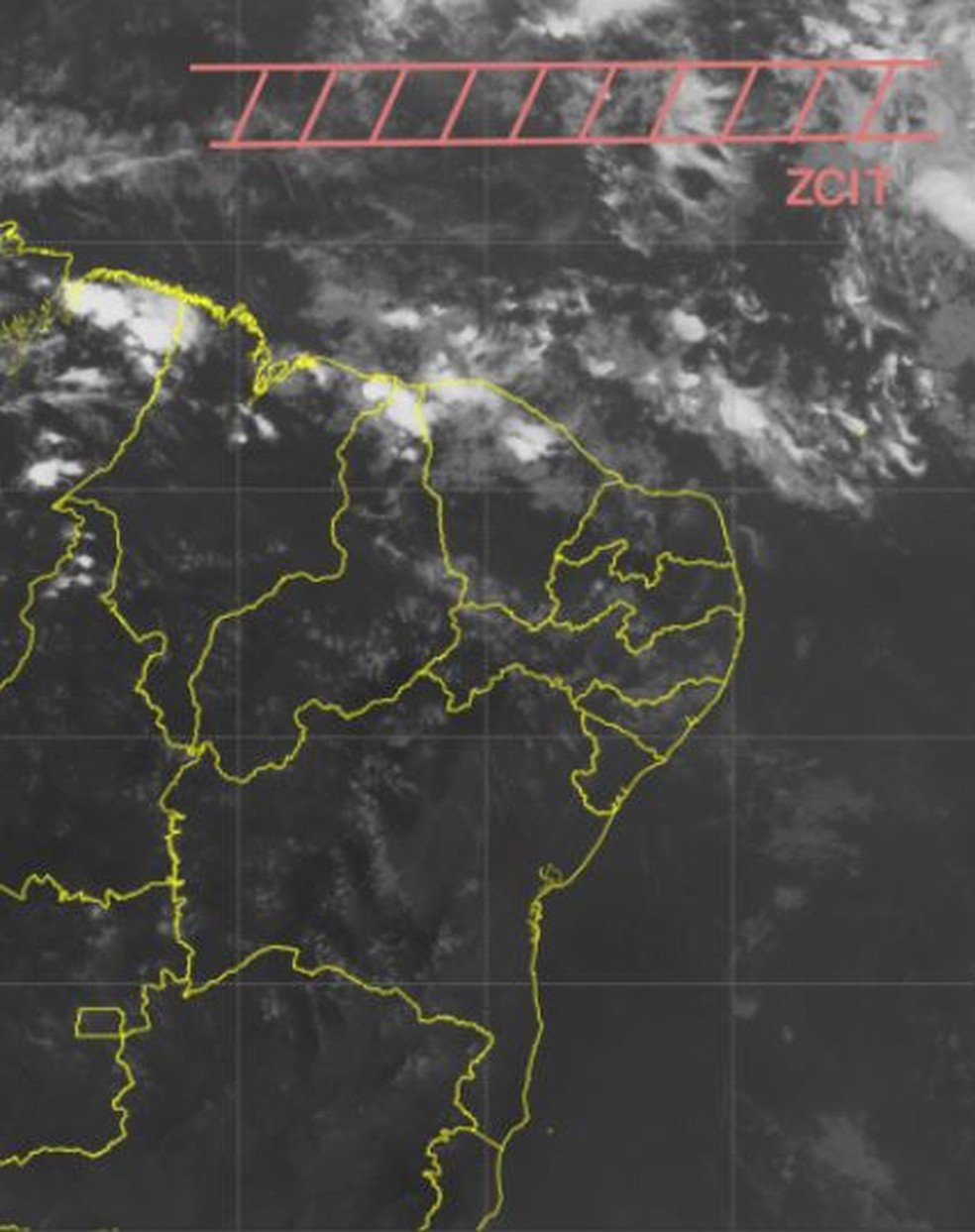 A ZCIT é a "escadinha" que aparece na figura acima. Principal indutor de chuva nas regiões Norte e Nordeste. — Foto: Funceme