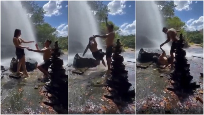 Noiva leva queda em cachoeira após diz 'sim' ao casamento, e vídeo viraliza