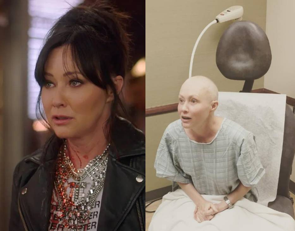 Shannen Doherty em cena da nova série "Barrados no Baile" e durante tratamento contra o câncer — Foto: Reprodução/INstagram/ShannenDoherty