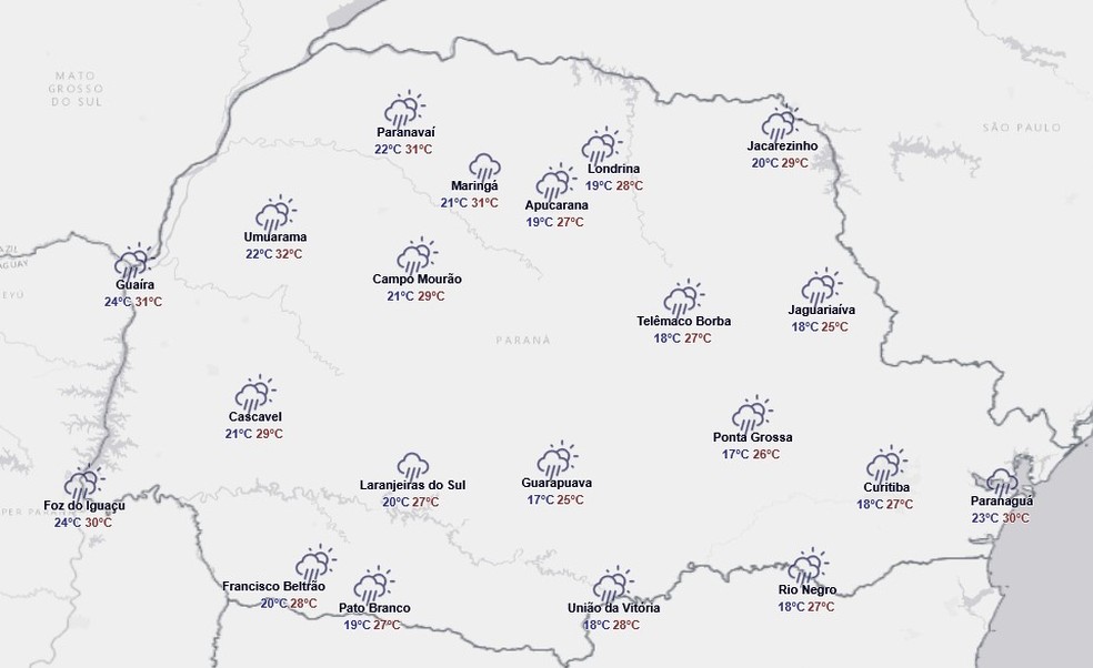 Previsão para domingo, 18 de janeiro — Foto: Reprodução/Simepar