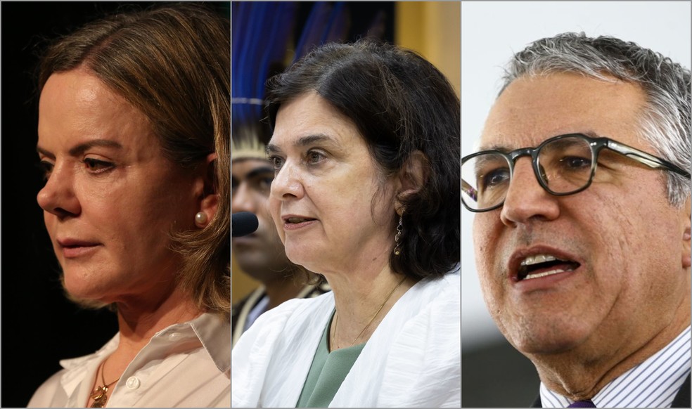 Gleisi Hoffmann (à esquerda), Nísia Trindade (ao centro) e Alexandre Padilha (à direita) — Foto: FáTIMA MEIRA/FUTURA PRESS/ESTADÃO CONTEÚDO / Walterson Rosa/MS / Marcelo Camargo/Agência Brasil