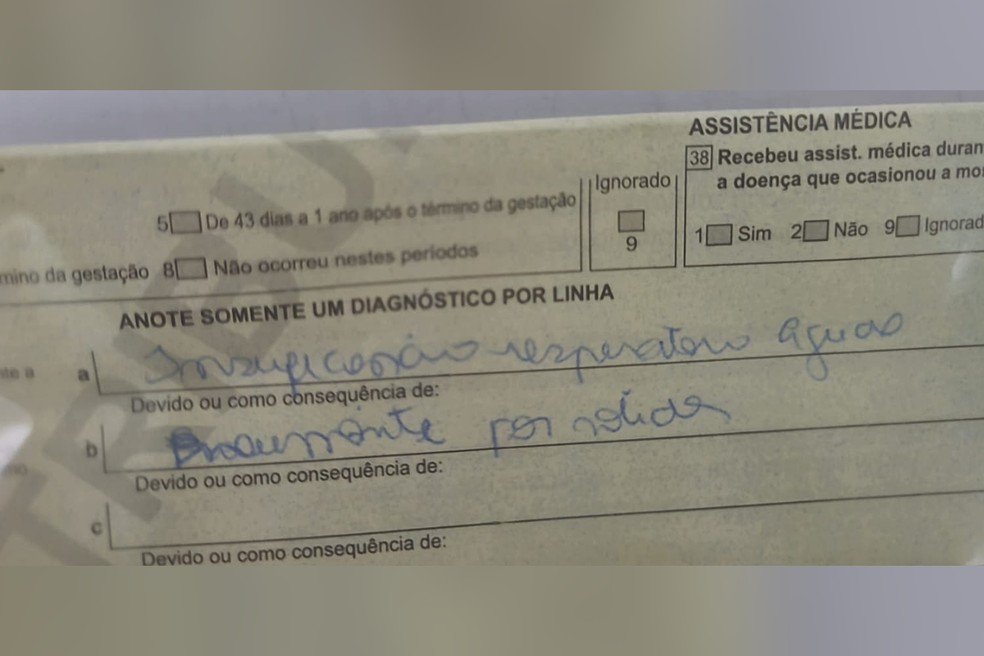 Polícia apreendeu o atestado de óbito, no qual a causa da morte do idoso foi registrada como “insuficiência respiratória” — Foto: Cedida
