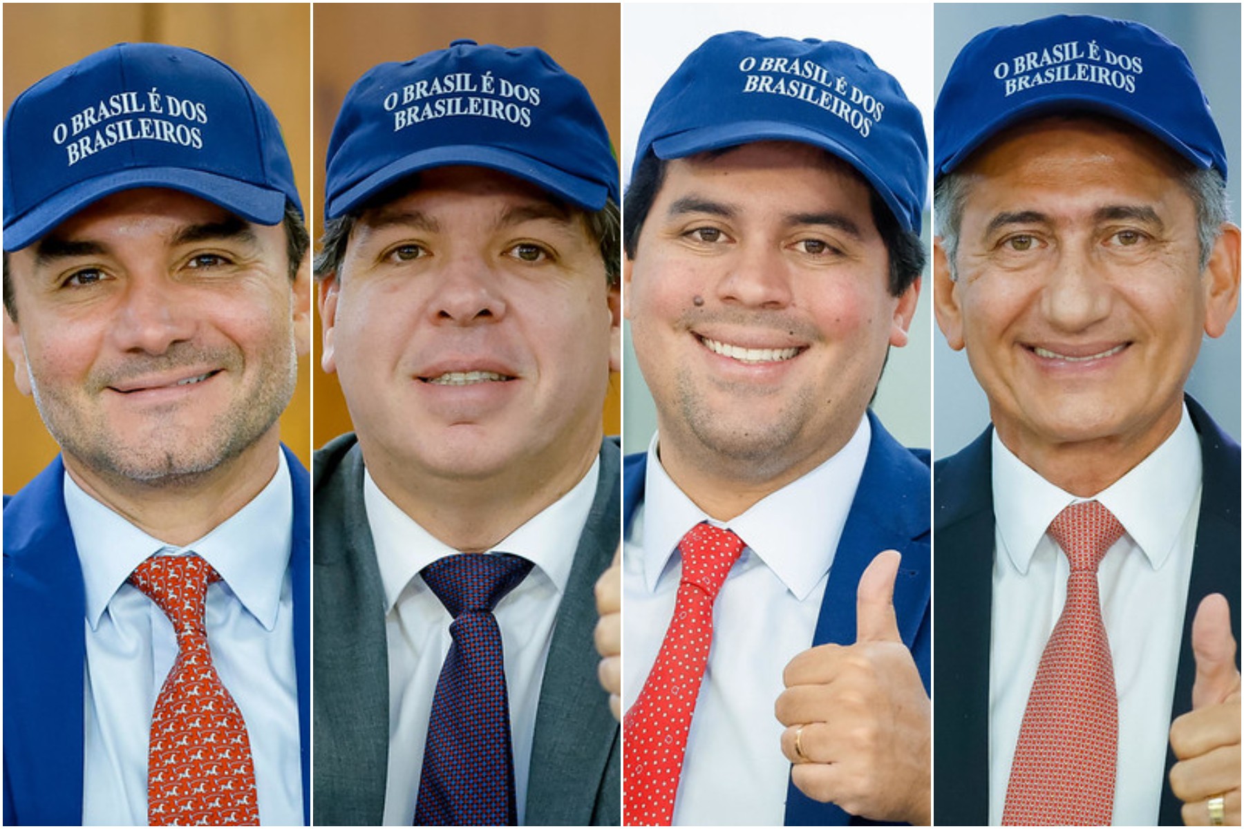 Ministros e Lula posam para 'fotos 3x4' com bonés estampados com a frase: 'O Brasil é dos brasileiros'