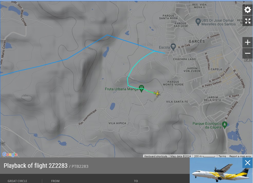 Imagem da plataforma de monitoramento Flightradar mostra minutos finais do avião que caiu em Vinhedo (SP) — Foto: Reprodução/Flightradar