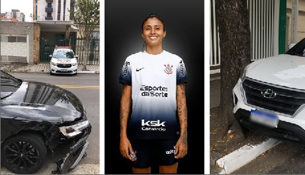 Carro preto dirigido pela jogadora Jaqueline bateu na traseira de automóvel branco. Motorista do outro veículo perdeu controle e atropelou mulher que passava pela rua — Foto: Eduardo Mendes/TV Globo
