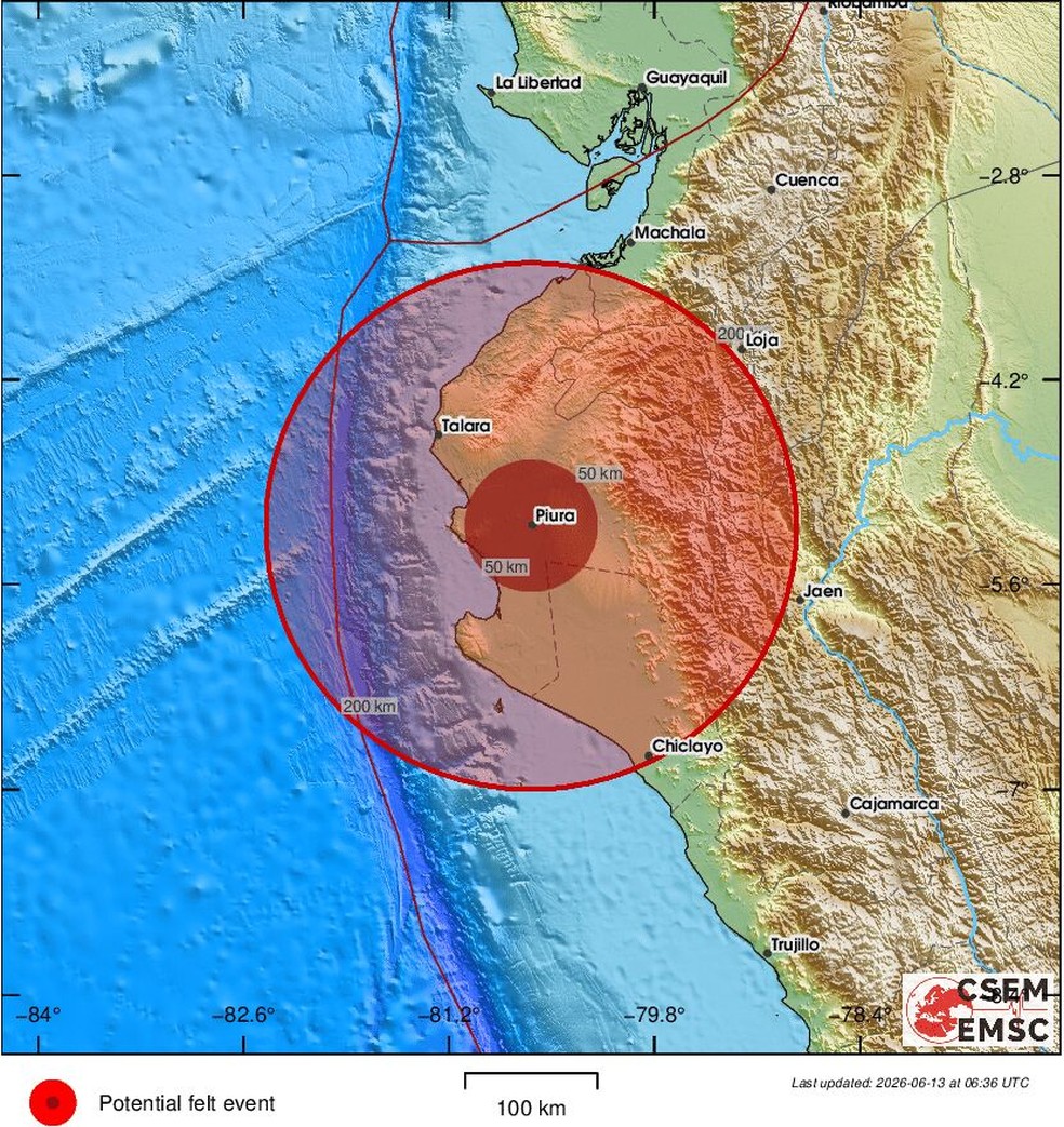 Tremor de magnitude 5,5 sacode região de fronteira entre Peru e Equador — Foto: Reprodução/EMSC