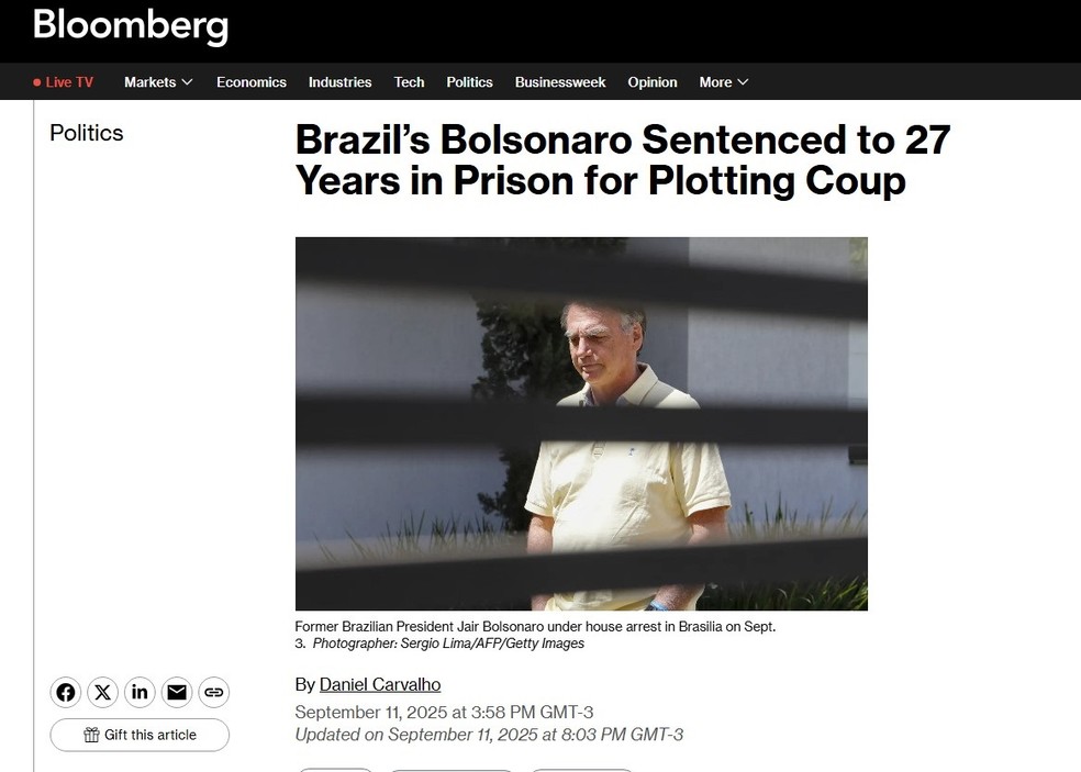 Bloomberg repercute a condenação de Bolsonaro. — Foto: Reprodução/ Bloomberg