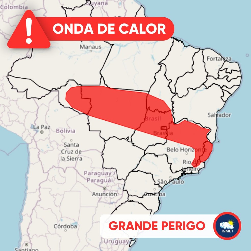 Alerta do Inmet mostra cobertura da onda de calor deste domingo — Foto: Inmet