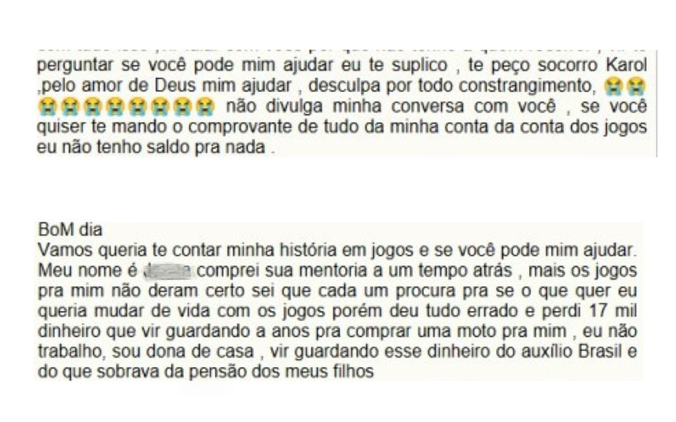 Mensagens enviadas a Karol Digital por pessoas que perderam dinheiro  Foto: Reprodução/Polícia Civil