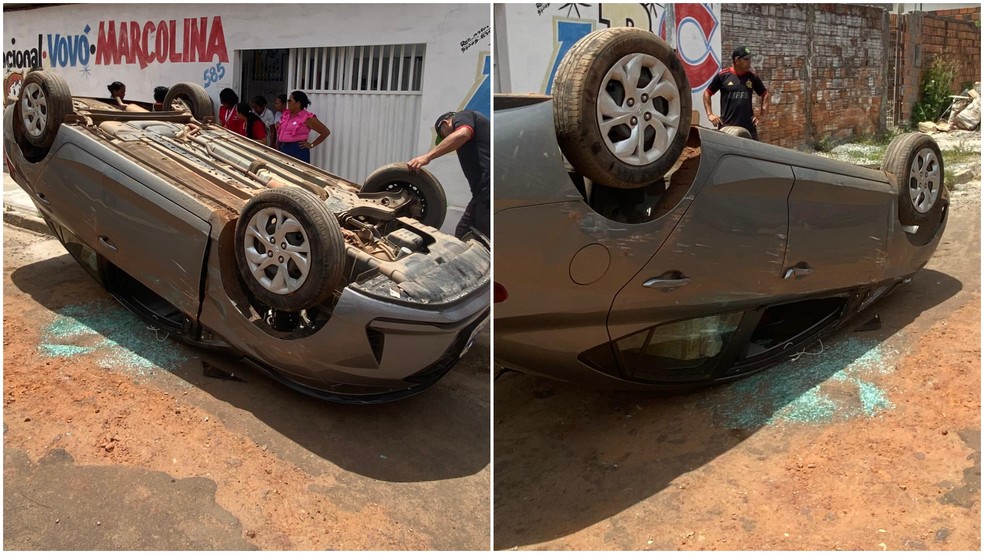 Faro: carro capota e atropela peão em frente à Biblioteca Municipal