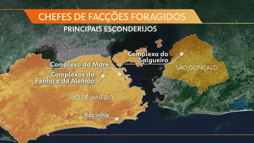 Chefes de facções foragidos se escondem nos complexos da Penha, do Alemão e da Maré, além da Rocinha  — Foto: Reprodução/TV Globo 