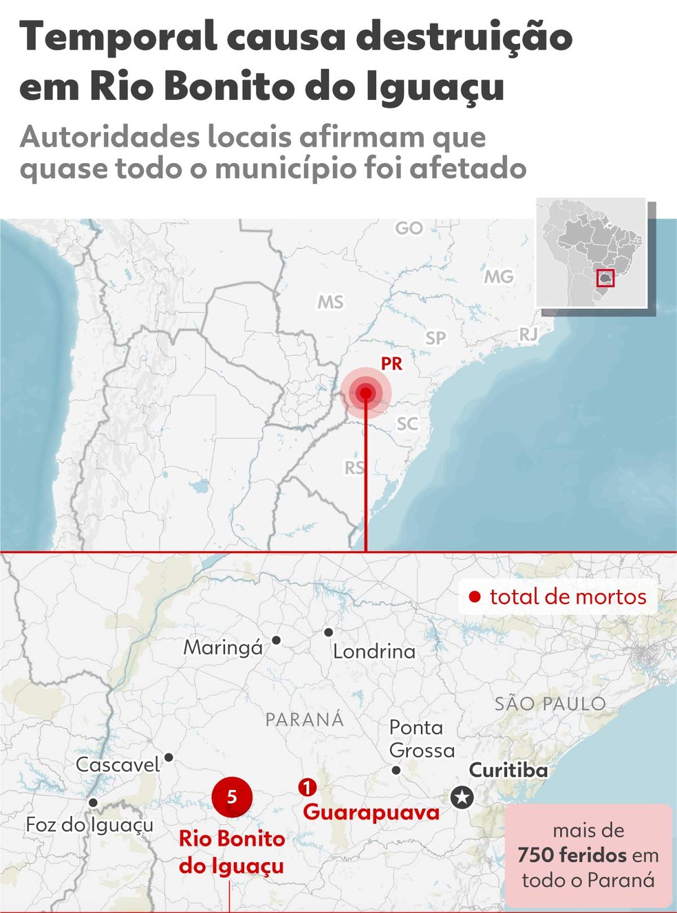 Infográfico: tornado deixa rastro de destruição em Rio Bonito do Iguaçu, no Paraná — Foto: Arte/g1