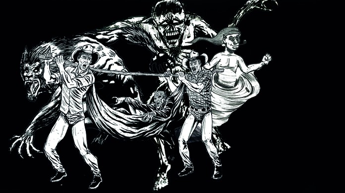 Ilustração de um grupo de rostos assustadores em preto e branco