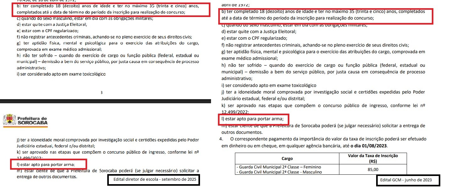 Trecho de edital da Prefeitura de Sorocaba com exigência de porte de arma para diretor de escola é o mesmo usado pela Guarda Municipal
